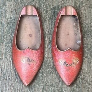 Vintage Brass Slipper Ashtray Pair Red Enamel Etched Middle Eastern Decor Set 2
